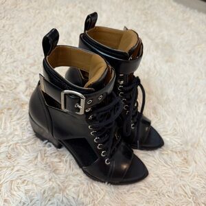 Chloe Rylee Leather Open-Toe Lace Up Booties Black block heel SZ 36 ankle buckle